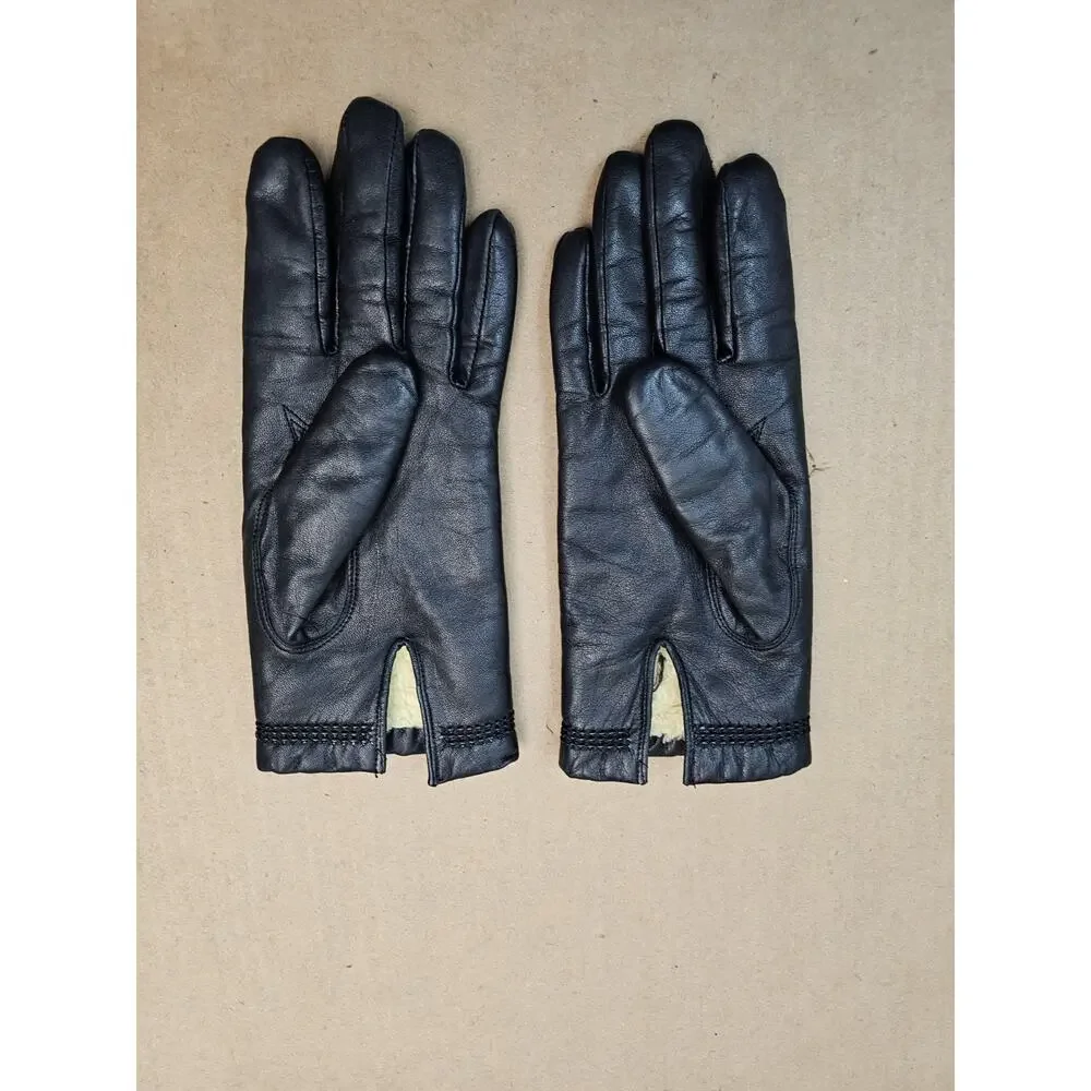 Vintage Black Leather Womens Gloves Made in Japan Size A Rayon Lining